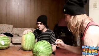 Straight inked guys fuck watermelons until cumming