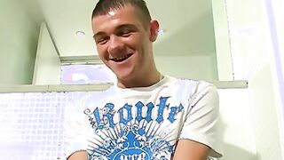 Skinny Twink amateur Kyle B jerks and cums in the shower