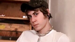 Cigar smoking twink jerks off hairy cock and jizzes in tray