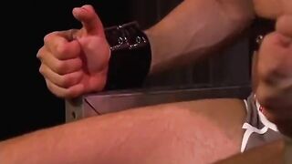 Sexy stud gets bound to the chair and blindfolded