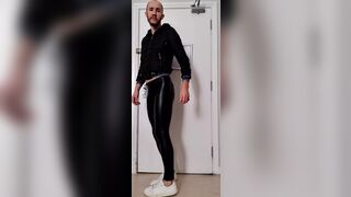 Dick jerked off in leather pants